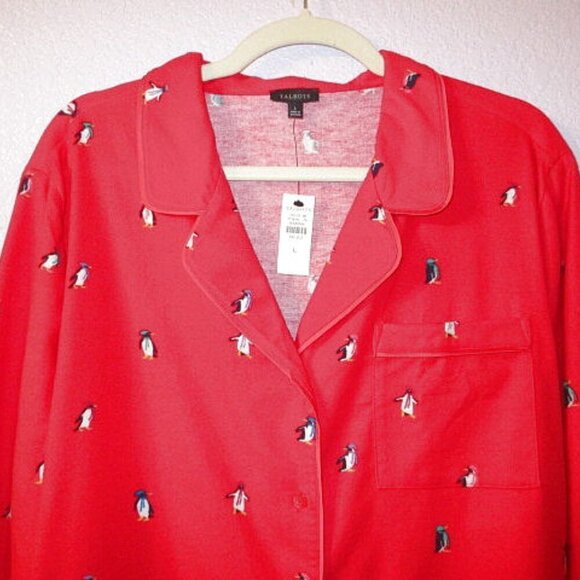 Talbots Womens Flannel Pajamas Size L Dancing Penguins Top & Pants 2 Piece NEW - Picture 2 of 12
